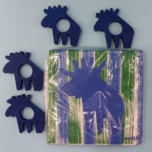 VTG Aarikka Finland 4 Blue Birch Wood Moose Napkin Rings and 20 Moose Napkins